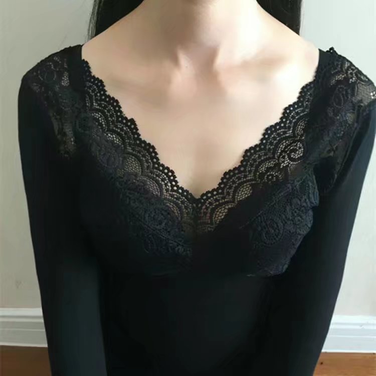 Mùa thu quần áo mỏng phần cổ chữ V ren body body áo đơn mảnh bó sát đáy áo cotton nhiệt đồ lót nữ áo giữ nhiệt cổ lọ