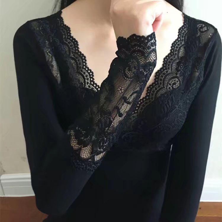 Mùa thu quần áo mỏng phần cổ chữ V ren body body áo đơn mảnh bó sát đáy áo cotton nhiệt đồ lót nữ áo giữ nhiệt cổ lọ