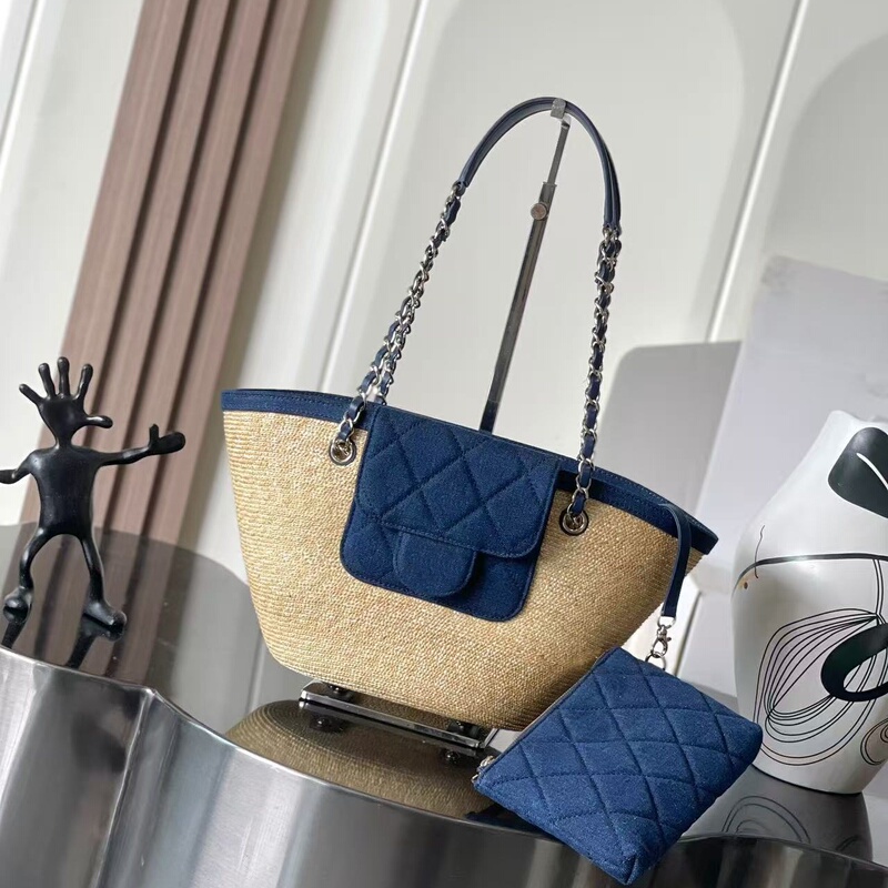 5/26m New Straw Woven Denim Basket Beach Bag Large Capacity Beach Tote Bag Shoulder Underarm Bag
