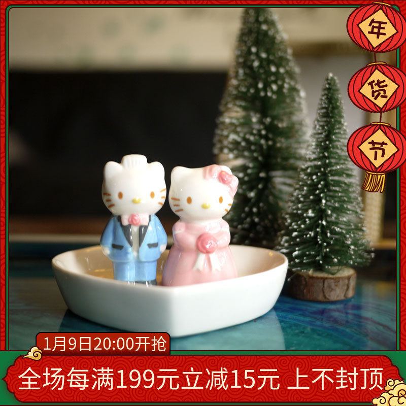 W1962 Japanese original hello kitty ceramic handmade wedding pair jewelry ring storage plate ornaments
