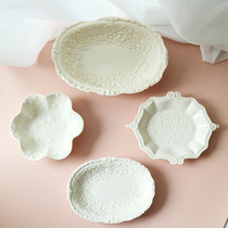 W1962 export European high temperature ceramic retro cream color complex carved flower small disk storage disk