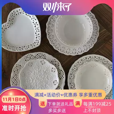 W1962 European retro French ceramic heart-shaped hollow lace elegant dinner plate dessert plate petal plate