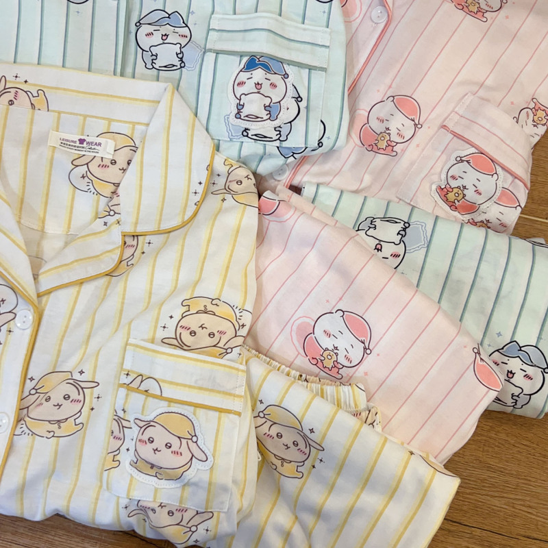 Usagi Chiikawa Pajamas Spring and Autumn Pure Cotton Women's Long-Sleeved Striped Cute Chiikawa Loungewear Winter