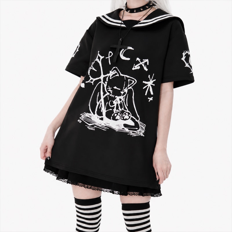 Original Design by Sankou Mi Xiao Gua LAOSHU Black Sailor Suit Short Sleeve Subculture Gothic Dark T-Shirt with Cute and Adorable Print