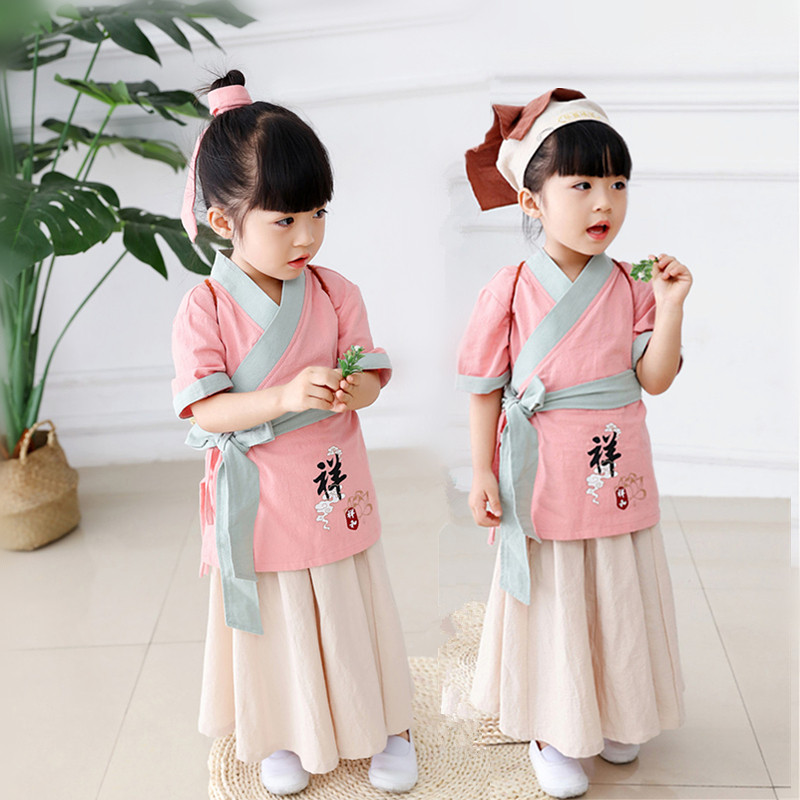 Girls cotton and linen ancient costumes daily baby photo Hanfu children's Chinese style half-sleeve suit Chinese school book children's national clothes