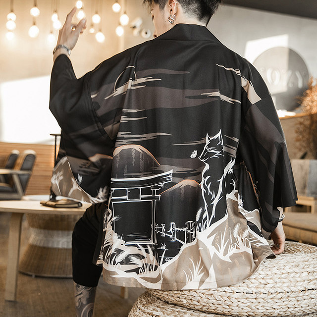 Ukiyo-e robe cloak men's feather-woven style Chinese style jacket thin cloak jacket Japanese Harajuku style kimono Hanfu ເຄື່ອງນຸ່ງປ້ອງກັນແສງແດດ