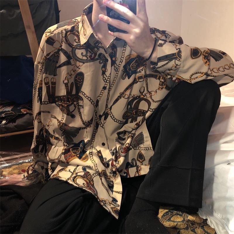 Ins Retro Cool Printed Shirt Men's Korean Style Social Spirit Youth Loose Hong Kong Style Shirt Jacket Long Sleeve