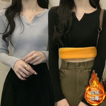 Velvet thickening autumn and winter women's v-neck versatile solid color sweater large size loose top new fashion bottoming shirt