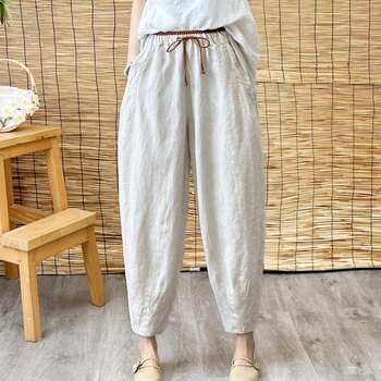 ໂສ້ງ linen harem ສັ້ນແບບທໍາມະຊາດ