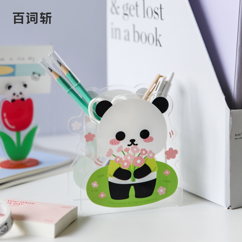 (100 Words Chopped up) Giant Panda Spring Cruise acrylic pen holder student desktop containing large capacity