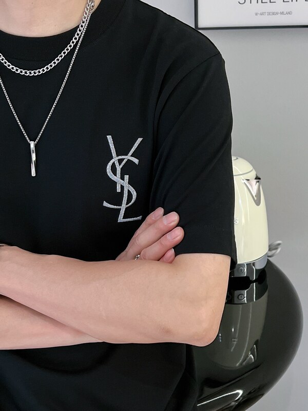 European Style Letter Embroidery with Silver Thread, Pure Cotton Short-Sleeve T-Shirt, Unisex, High-End Trendy Brand, Plus Size, Simple Round Neck