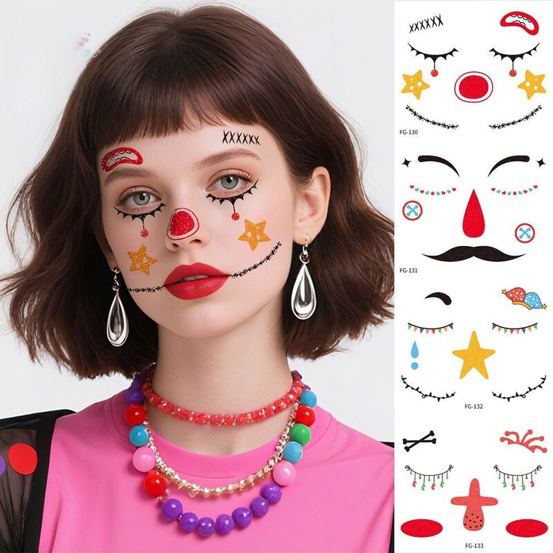 Halloween Children's Circus Glitter Tattoo Stickers, Funny Clown Makeup Party Face Stickers, Cos Waterproof and Sweat-Resistant