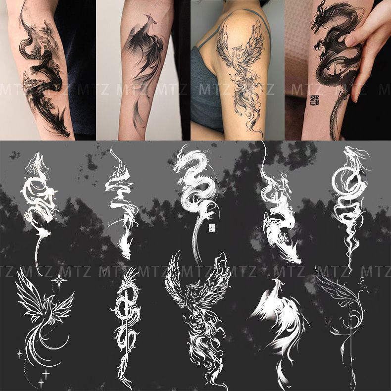 【Dragon and Phoenix Bring Prosperity】 Herbal Tattoo Stickers, Dark Half-Tattoos, Cool, Waterproof, High Aesthetic Value, Bold for the Arm