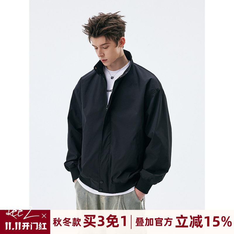 Reez Wang American-Style Stand-Up Collar Jacket for Men, Autumn Solid Color Loose Trendy Brand Commuter Workwear Coach Flight Jacket