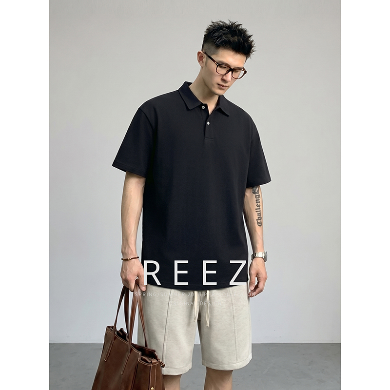 Reez Wang Pique Cotton Short-Sleeved Polo Shirt for Men, Summer Lapel American Retro Trendy Brand Loose Casual T-Shirt