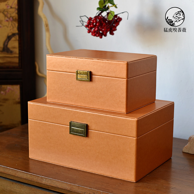 New Chinese simple orange leather advanced jewelry box storage box decoration model room desktop bookcase soft decoration