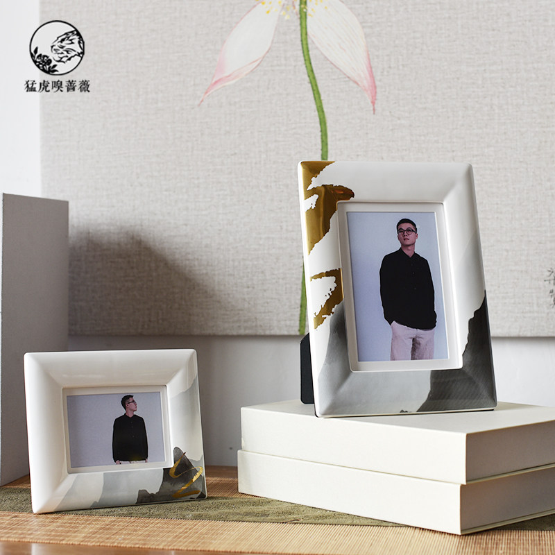 New Chinese style white ink rectangular ceramic photo frame set Chinese style model living room decoration soft decoration