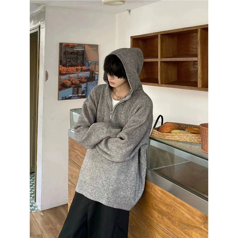 New Autumn and Winter Hooded Half-Zip Sweater Jacket for Men, Korean Style Loose and Lazy Style Pullover Layered Knitted Hoodie Trendy