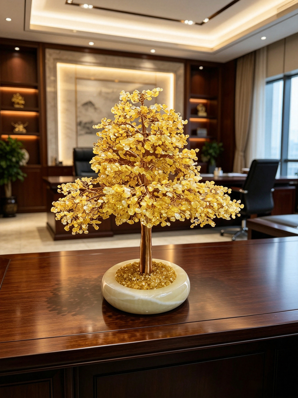Natural Citrine Fortune Tree Ornament, Natural Jade Pot Base, Light Luxury Living Room and Office Wealth-Attracting Feng Shui Ornament