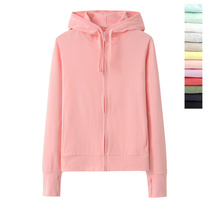 Solid color hooded sweater womens thin zipper cardigan spring and autumn travel UV protection casual sports shirt simple
