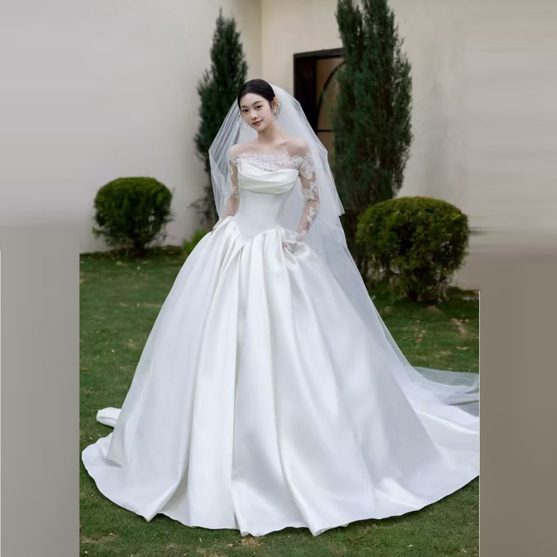 Cloud Dream Lake One-Shoulder Multi-Wear Wedding Dress, High-End Bridal French-Style Long Train Satin Luxury, Covers Arms and Makes You Look Slimmer