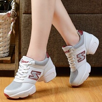 Spring Summer Genuine Leather Square Dance Shoes Womens Style Mid Heel Soft Bottom Dancing Shoes Net Face Breathable Heightening Bodybuilding Dancing Shoes