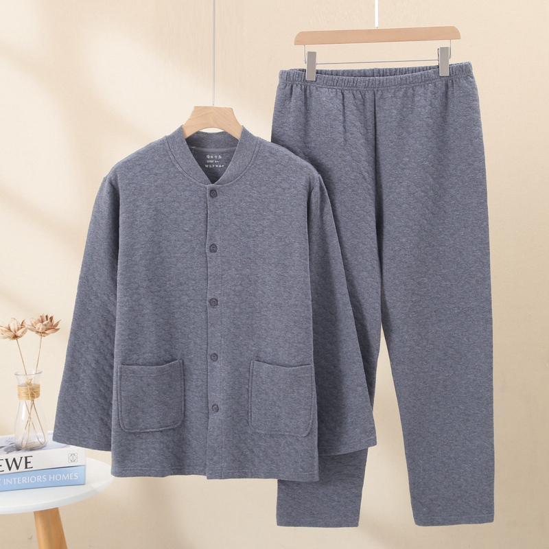 Autumn and Winter Thickened Pure Cotton Pajamas and Sleep Pants for the Elderly, Home Wear with Interlayer Cotton, Cardigan for Middle-Aged and Elderly Men, Warm Autumn Clothes and Pants