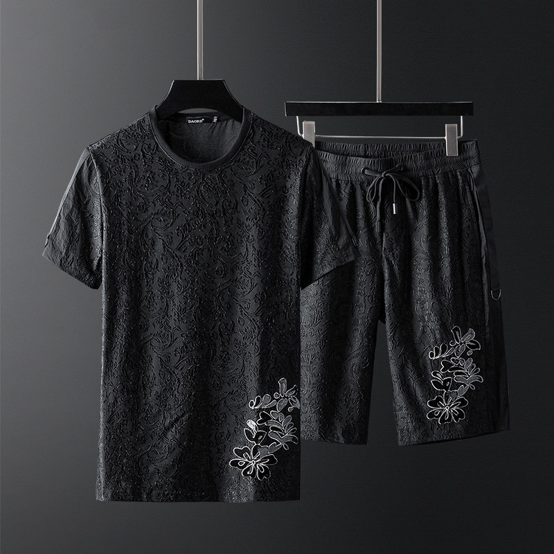 Fugui bird ice silk suit men's high-end Chinese wind printed silk light cotton large size casual sports short sleeve shorts men's clothing