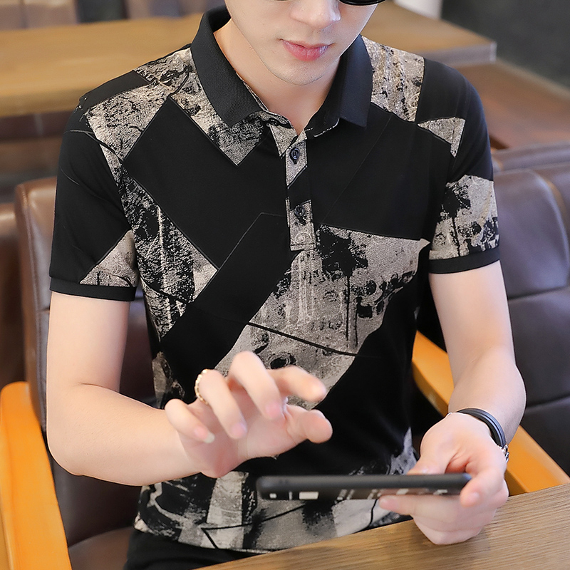 Rich bird short-sleeved t-shirt men's trend ice silk summer lapel bottoming shirt Korean version color-blocking casual mercerized cotton top