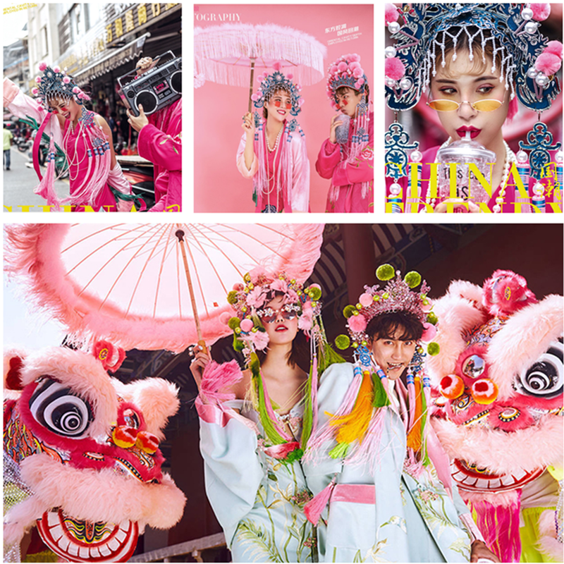 National Tide New Wedding Dress Photography Props Glasses Photo Gallery Pink Feather Umbrella China Wind Meetto Brigade Photo Fan