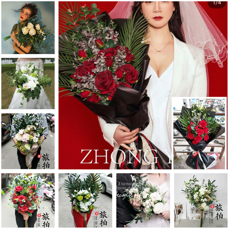 Brigade Shooting Movie Big Bunch of Emulation Green Botanical Hands Touted Bridal Wedding Nature Bouquet Red Rose Big to hold flowers