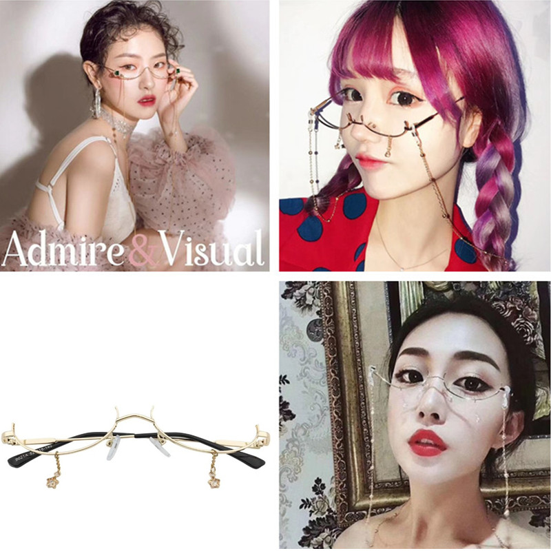 New Photo Gallery Photography Personality Writing Real Photo Props Online Red Same-day Ensemble No Lens Metal Glasses Ins Chain