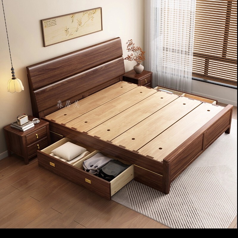 Black Walnut Wood Chinese-Style Solid Wood Bed with Mortise and Tenon Structure 1.8m Modern Minimalist Master Bedroom Double High-Box Storage Bed