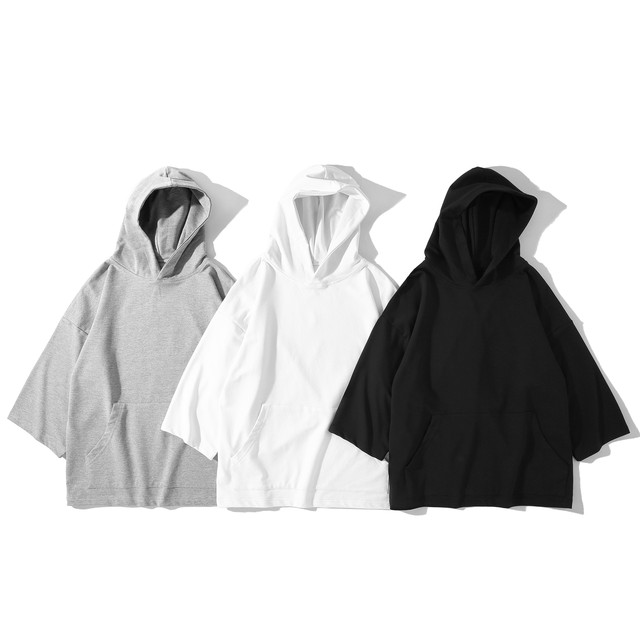 ເສື້ອຍືດແຂນສັ້ນ hoodie ເຄິ່ງແຂນເຄິ່ງແບບຍີ່ປຸ່ນ pureoversize ເສື້ອຢືດສີເຂັ້ມ ແຂນສັ້ນອະເນກປະສົງ
