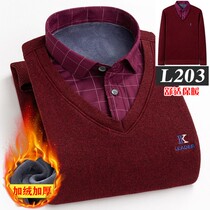 Winter new men warm underwear middle-aged daddy fake two plus thickened shirts collar knitted sweater