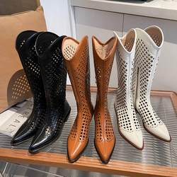 Mesh hollow boots women's summer boots 2024 new pointed toe women's boots medium heel thick heel breathable ຫນັງແທ້ສີນ້ໍາຕານ