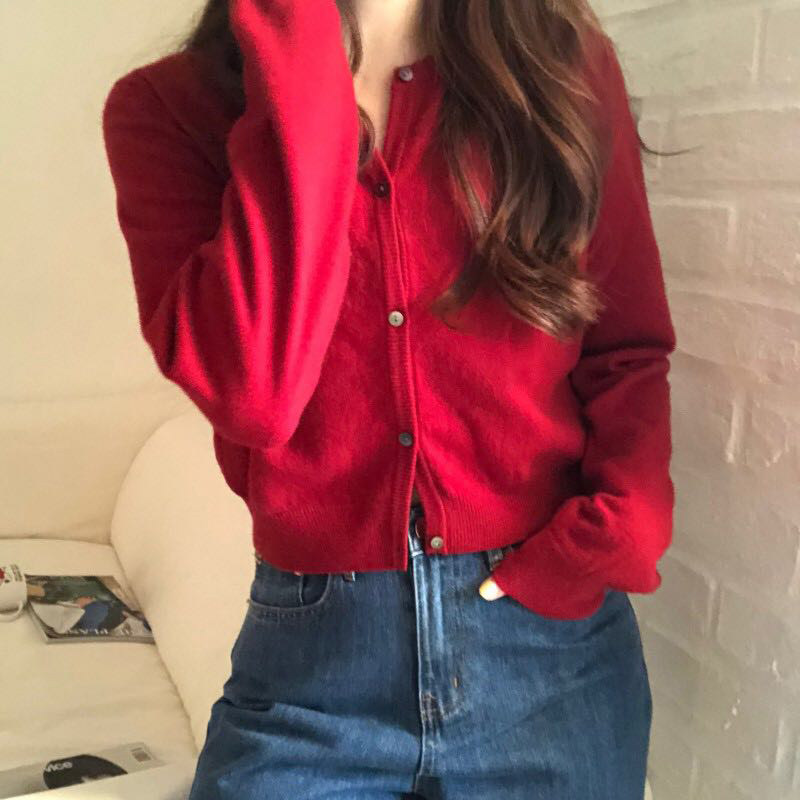 (Muzly) Korean ins and fury base for long sleeves knit cardiovert short and thin sweater jacket woman