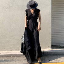 South Korea chic summer retro French elegant wooden ear wave dot dress long waist V-neck vest dress