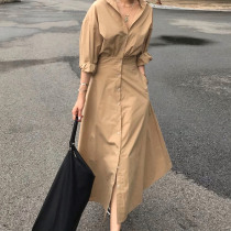 South Korea ins autumn Joker retro street style lapel long waist slim shirt long sleeve dress