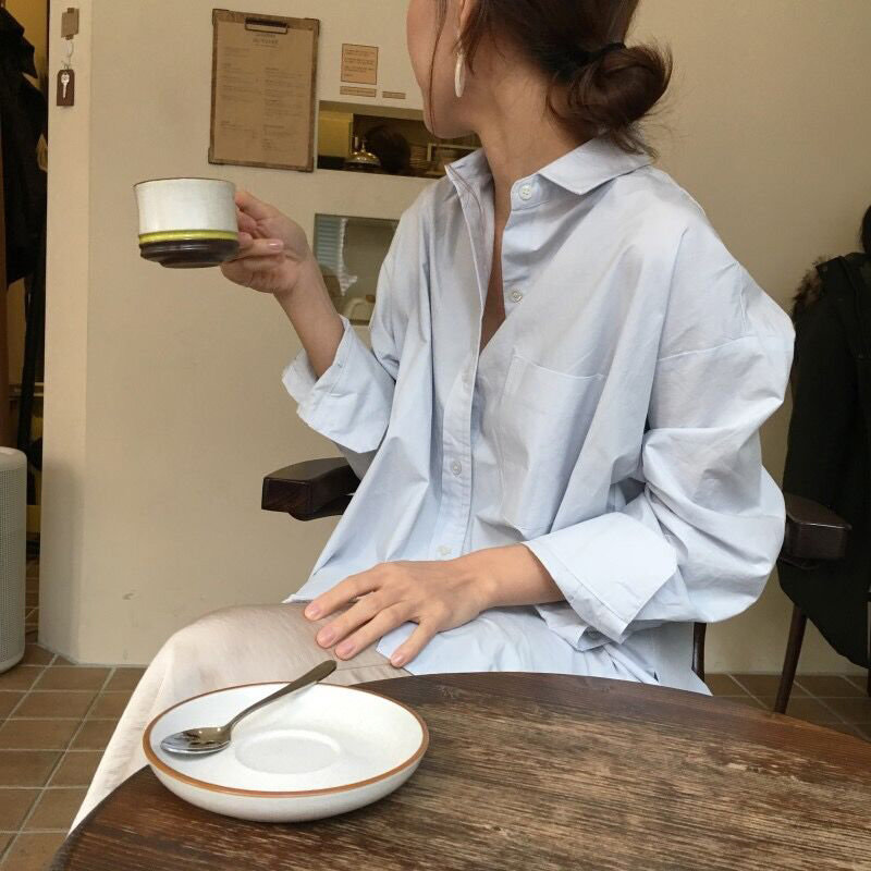 Korean ins simple loose oversize retro niche split single-breasted lapel long-sleeved shirt top women