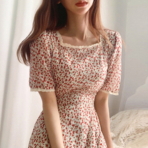 South Korea chic sweet age-reducing summer small fresh floral dress cute square collar lace stitching short sleeve dress
