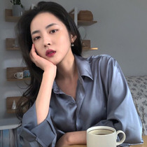 South Korea ins vitality girl early autumn Joker simple solid color single-breasted retro lapel long sleeve shirt top female