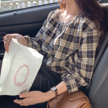 South Korea ins Vintage Simple Autumn Joker Loose-breasted Crewneck Plaid Long Sleeve Shirt Top