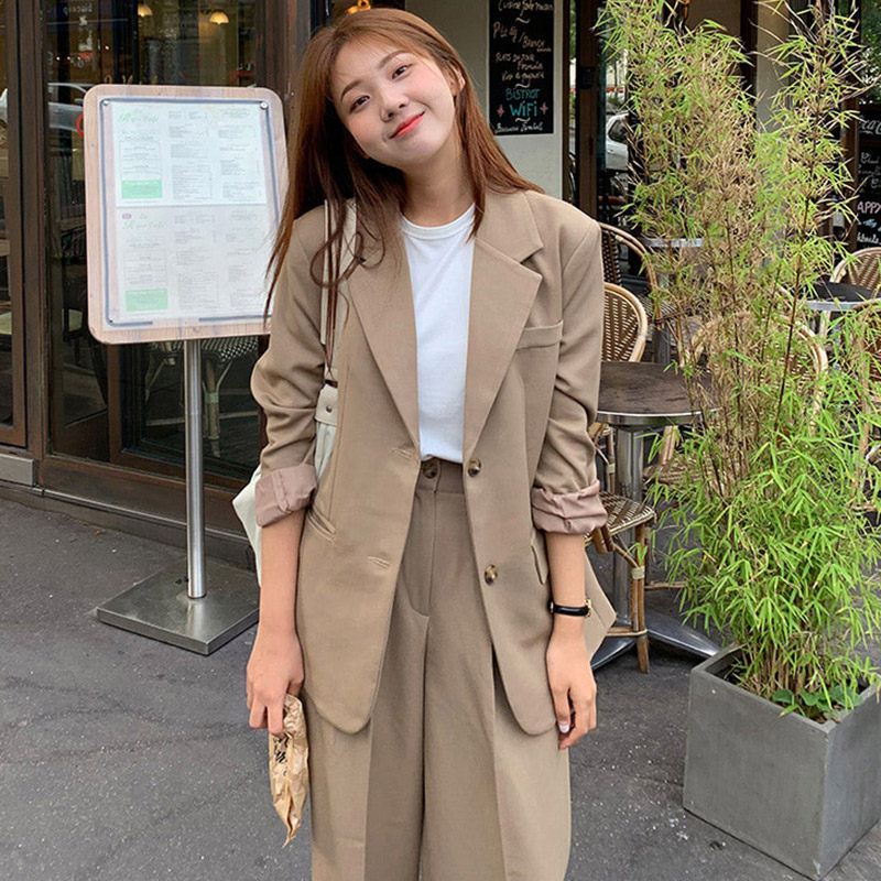 Korea in autumn hundred - and - rest retro - loose long - sleeved suit coat high waist simple loose broad leg pants
