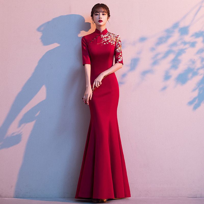 Fishtail Dress for Women, Toast Dress, 2026 New Style, Red Long Vintage Slimming Wedding Chinese Cheongsam Elegant Dress
