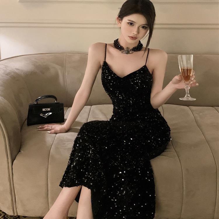 French-Style Black Sequin Spaghetti Strap Dress for Women, High-End Bodycon Birthday Party Annual Meeting Mini Dress Long Skirt