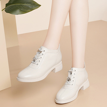 Leather shoes women soft bottom 2021 new autumn winter white single shoes women deep mouth thin round head autumn high heels