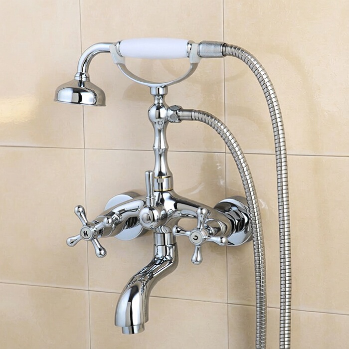 Copper Bathtub Faucet, Shower Head, Telephone-Style European Hot and Cold Water Bathroom Wooden Tub Wall-Mounted Hot and Cold Faucet Copper Bathtub Faucet, Shower Head, Telephone-Style European Hot and Cold Water Bathroom Wooden Tub Wall-Mounted Hot and Cold Faucet