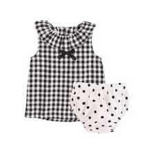 Checkered bow ruffle sleeveless shirt Polka dot triangle shorts 2-piece set Pastoral style childrens suit Women