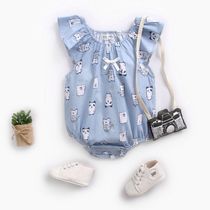 Pure cotton newborn animal Panda print small flying sleeve one-piece romper Cartoon bow triangle climbing suit female summer